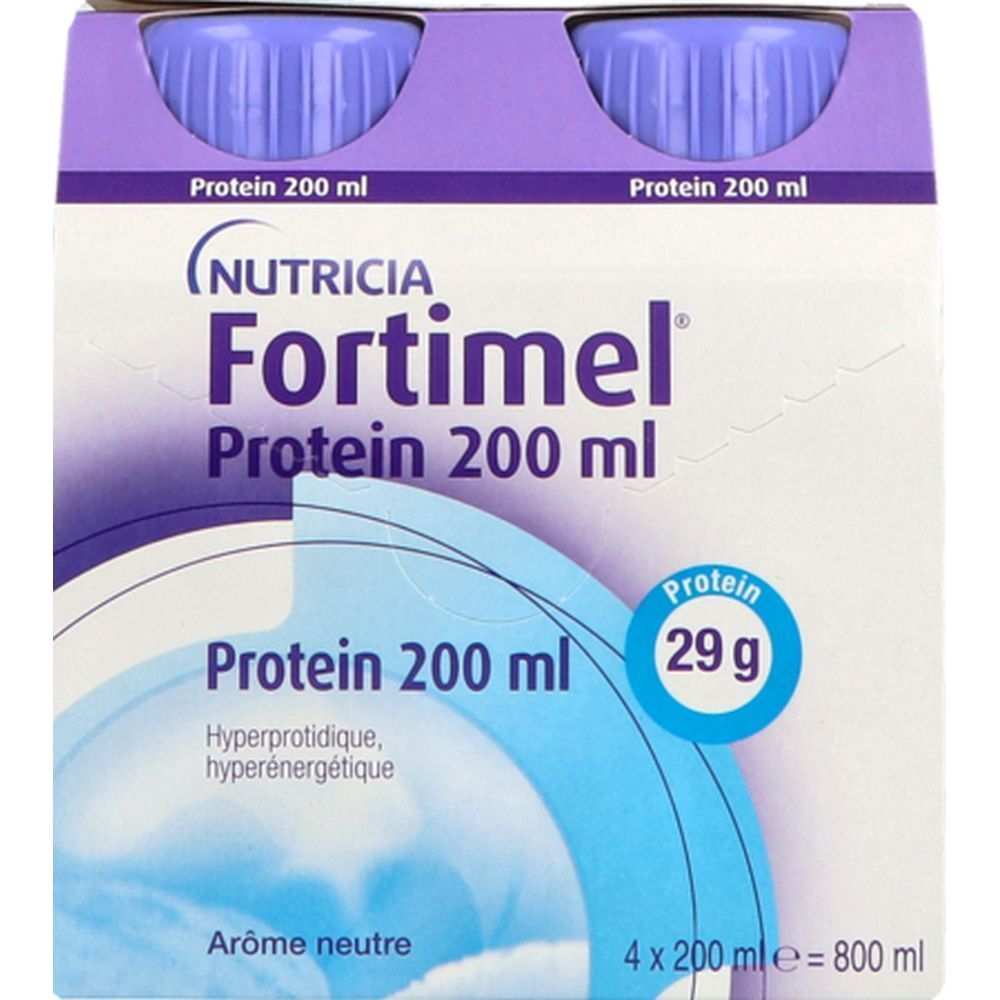 Emballage de quatre bouteilles Nutricia Fortimel Protein 200 ml. Inscription : Protéines 29g, hyperprotéique, hyperénergétique.