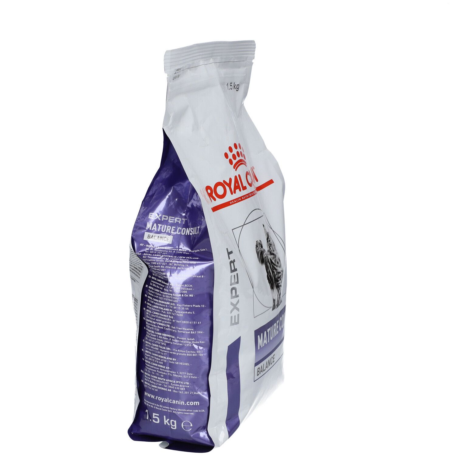 Weißer Beutel, ROYAL CANIN Logo und Katzenabbildung. Aufschrift: MATURE CONSULT BALANCE. Seitenansicht.
