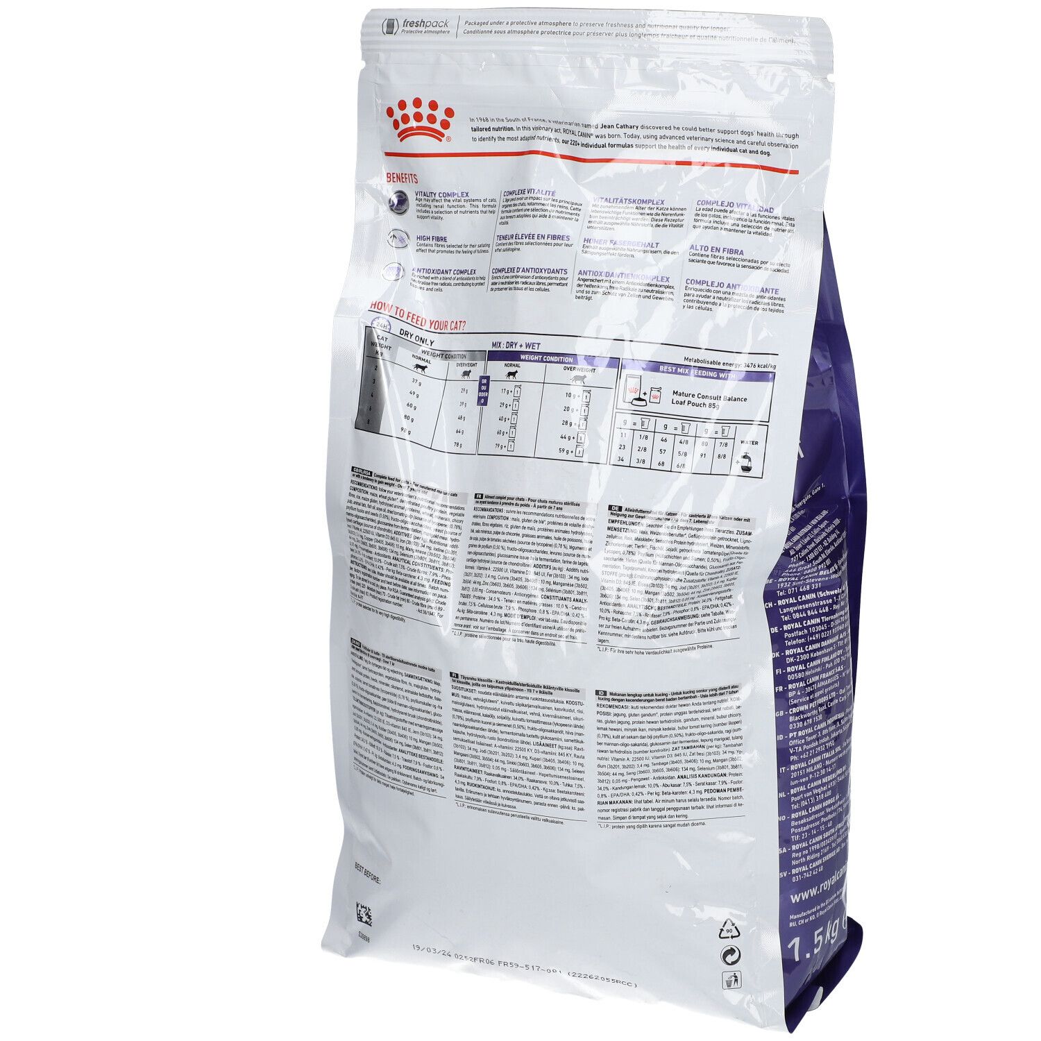 Rückseite des weißen Beutels. Text und Informationen. Gewicht: 1,5 kg. ROYAL CANIN Logo oben.