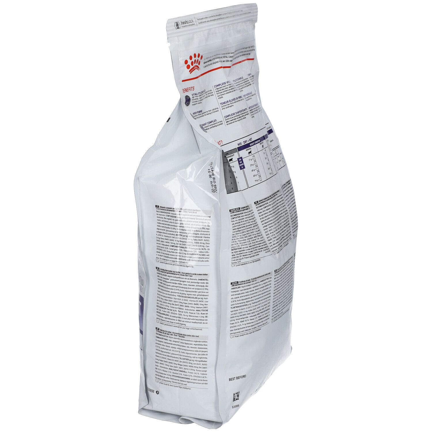 Seitenansicht des weißen Beutels. Text und Informationen. ROYAL CANIN Logo oben.
