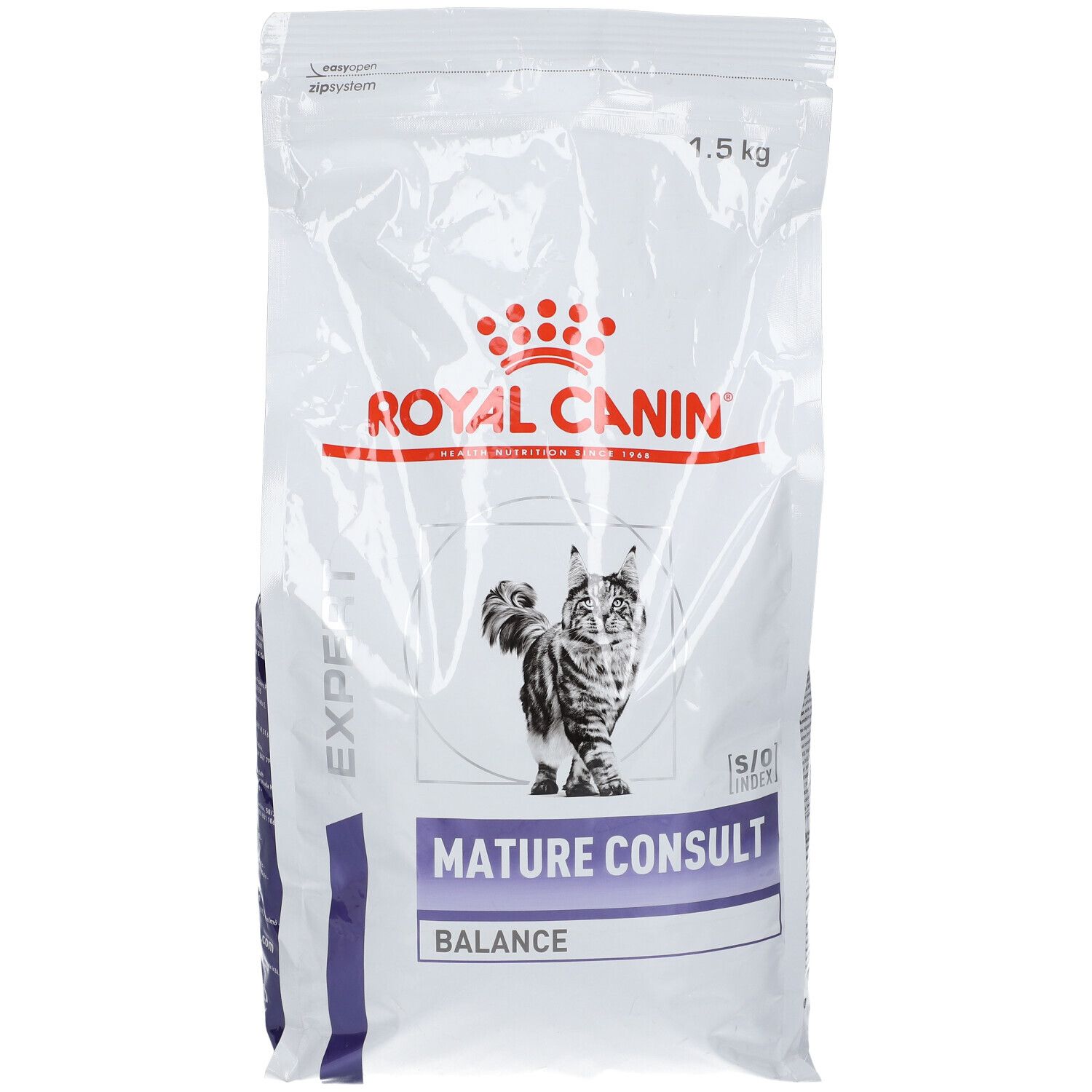 Weißer Beutel mit ROYAL CANIN Logo und Katzenabbildung. Aufschrift: MATURE CONSULT BALANCE. Gewicht: 1,5 kg.