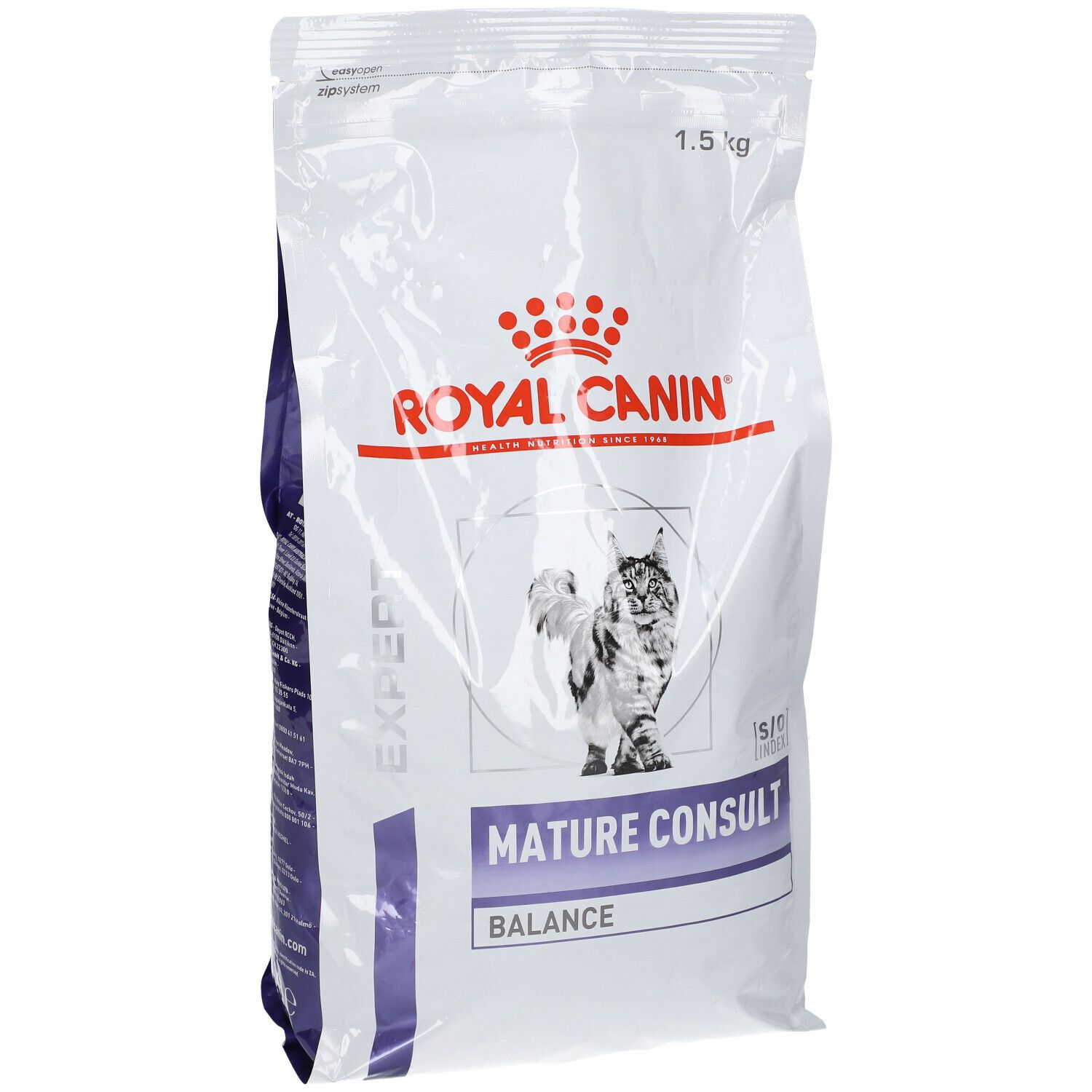 Weißer Beutel mit ROYAL CANIN Logo und Katzenabbildung. Aufschrift: MATURE CONSULT BALANCE. Gewicht: 1,5 kg.