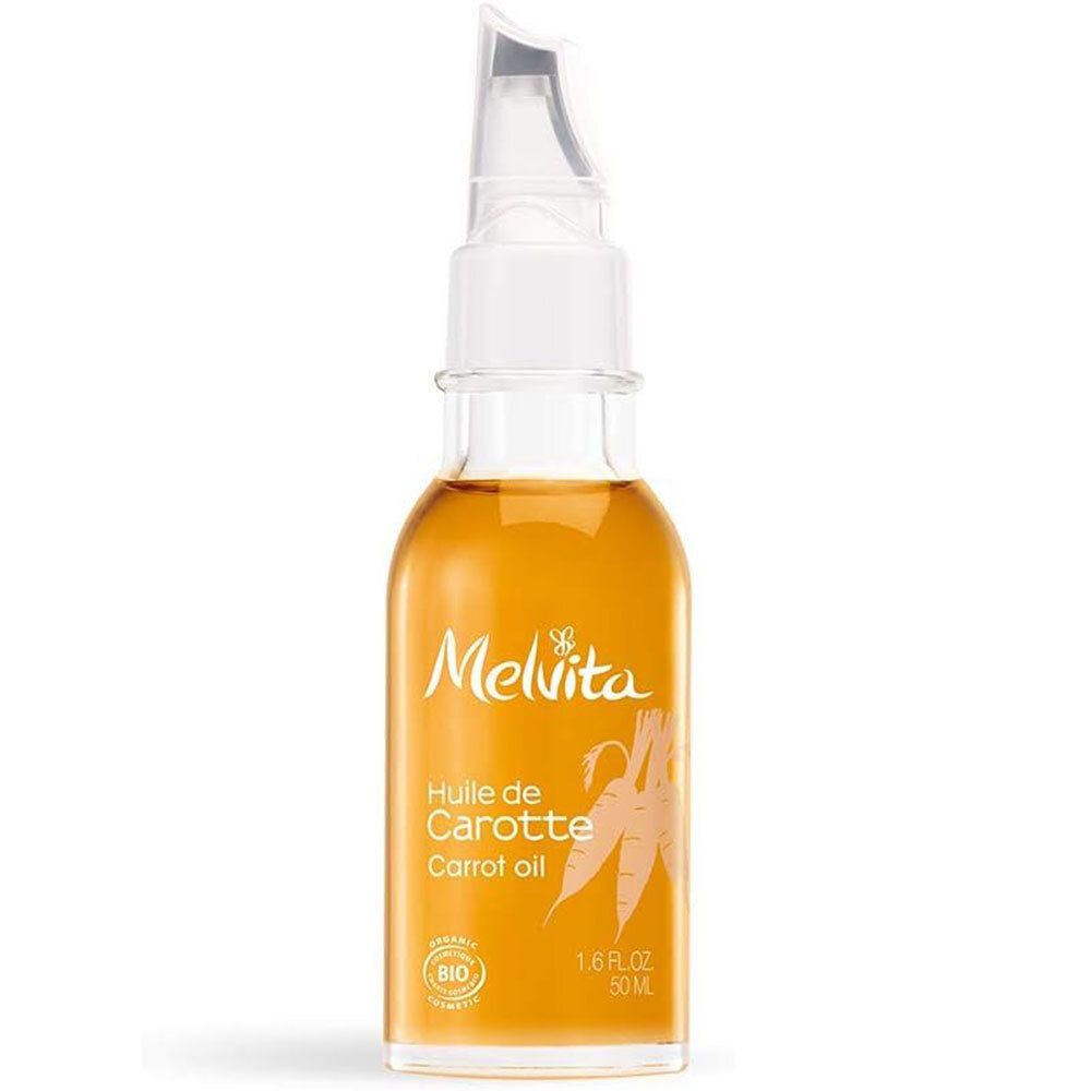 Glasflasche mit orangefarbenem Öl. Melvita-Logo und „Huile de Carotte“ Schriftzug. BIO-Zertifizierung.