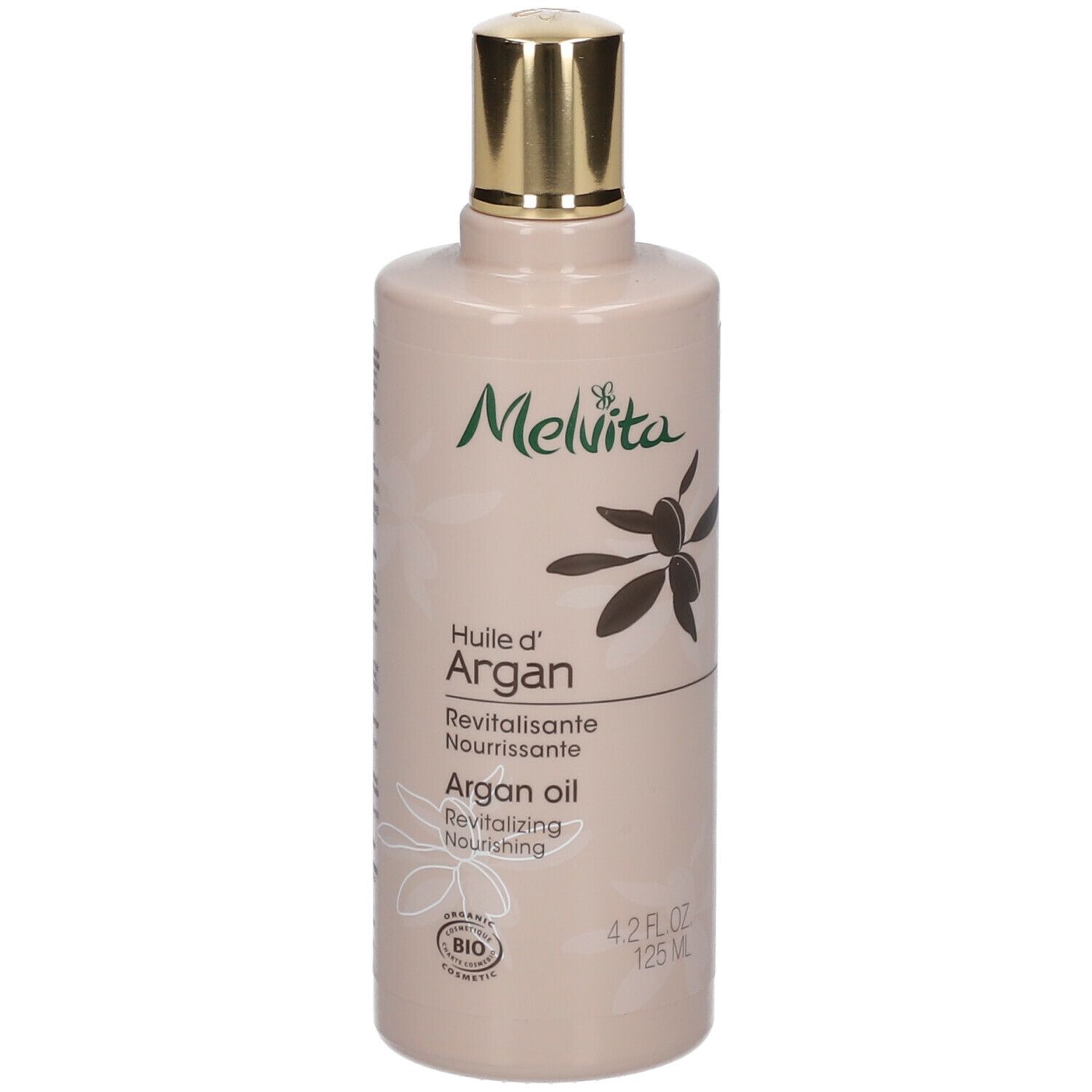 Beige Flasche mit goldfarbenem Verschluss. Aufschrift: Melvita, Huile d'Argan, Argan Oil. Bio-Zertifizierung.