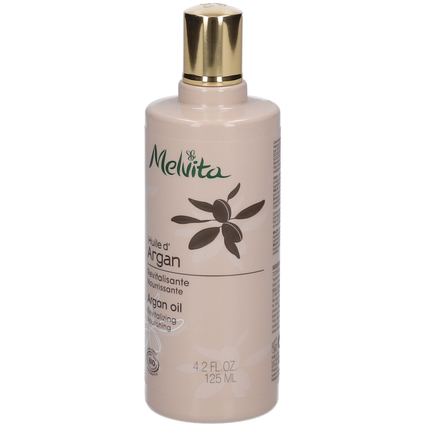 Beige Flasche mit goldfarbenem Verschluss. Aufschrift: Melvita, Huile d'Argan, Argan Oil. Bio-Zertifizierung.