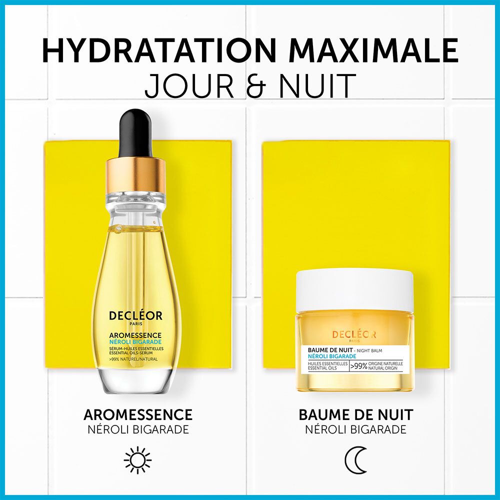 Sérum et baume côte à côte. Texte: HYDRATATION MAXIMALE JOUR & NUIT. Produits: Sérum, baume.