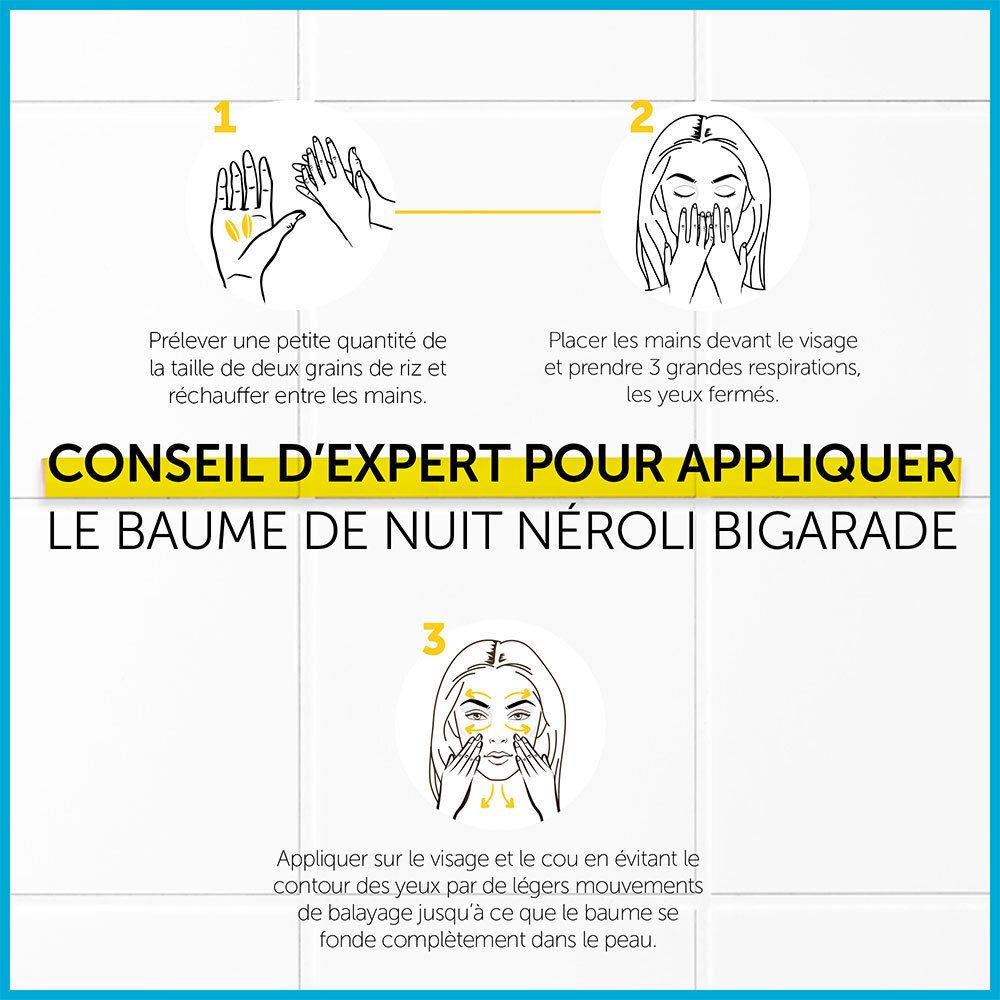 Étapes d'application du baume. Mains, visage, cou. Texte: CONSEIL D'EXPERT POUR APPLIQUER.