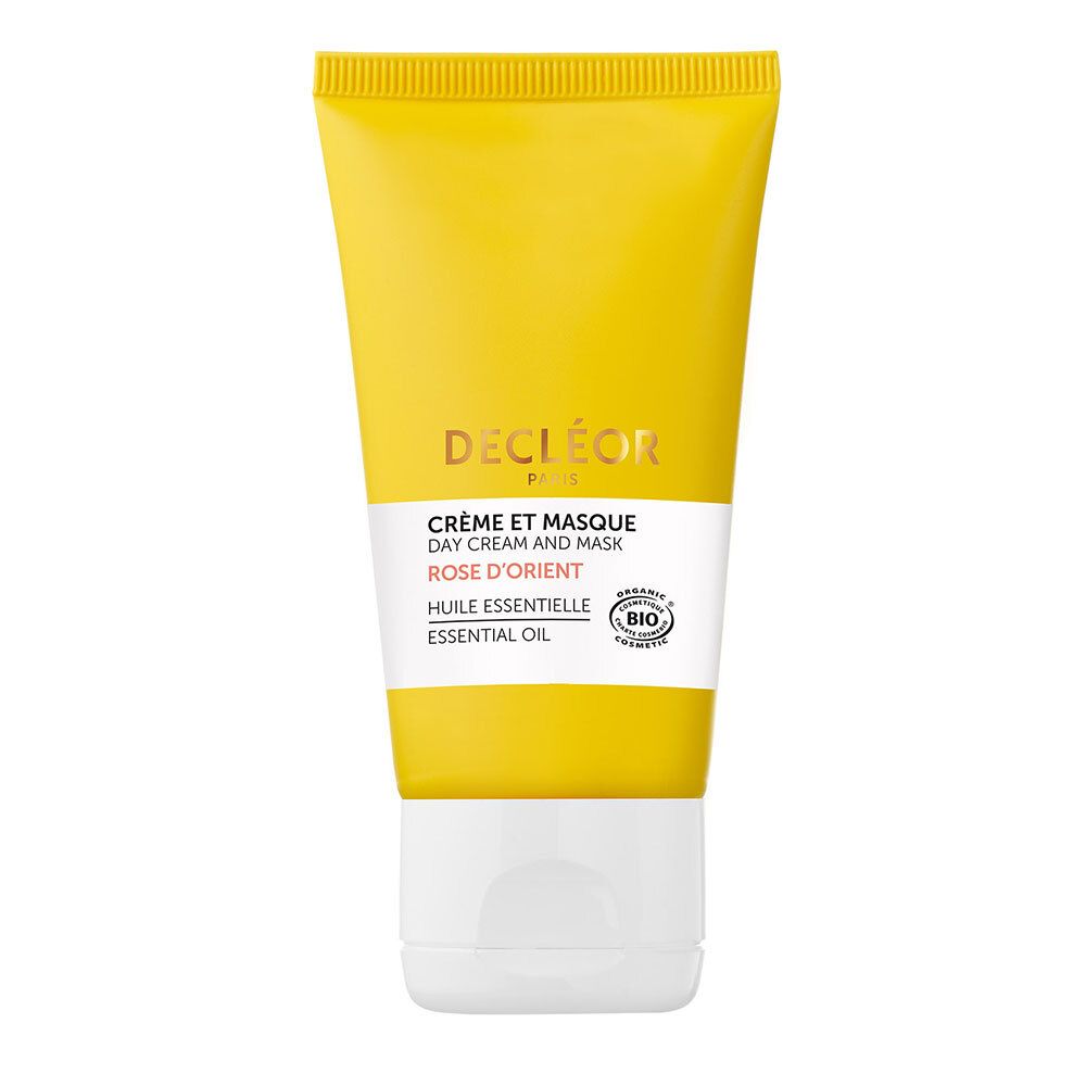 Tube jaune et blanc. Inscription: Decléor, Crème et Masque, Rose d'Orient, Day Cream and Mask.
