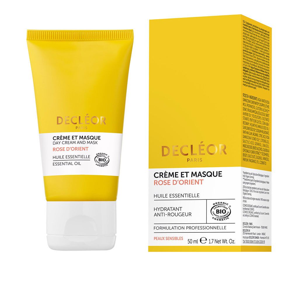 Tube et boîte jaunes. Inscription: Decléor, Crème et Masque, Rose d'Orient. Avec label bio.