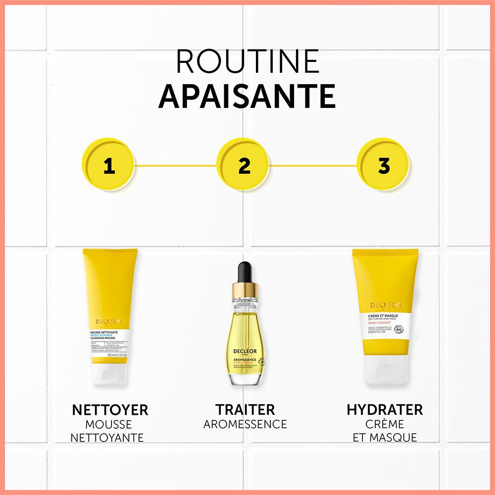 Trois produits sur carrelage. Inscription: Nettoyer, Traiter, Hydrater. Noms des produits et ordre d'utilisation.