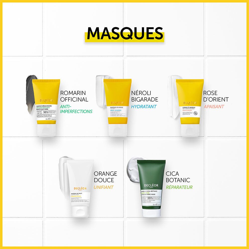 Six tubes sur carrelage. Inscription: Romarin Officinal, Neroli Bigarade, Rose d'Orient, etc. Différents masques.