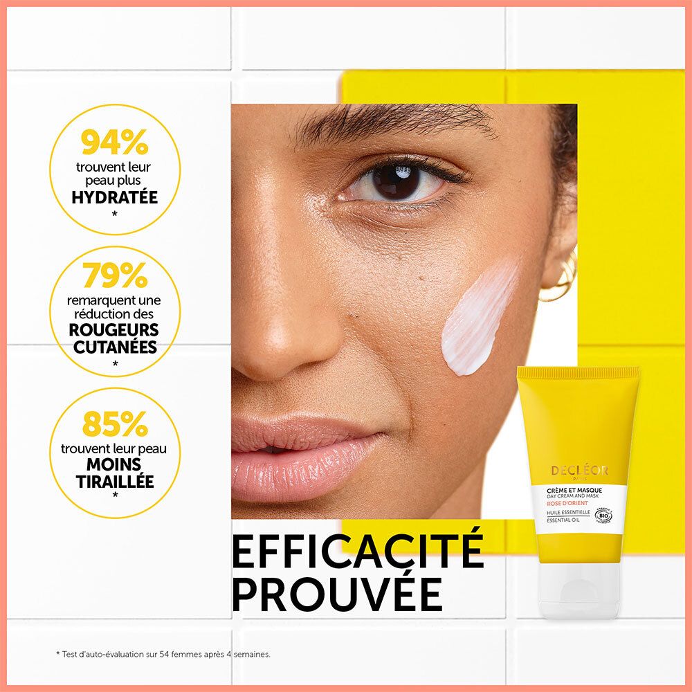 Femme avec crème sur le visage. Inscription: Efficacité Prouvée. 94% hydratée, 79% rougeurs, 85% moins tiraillements.