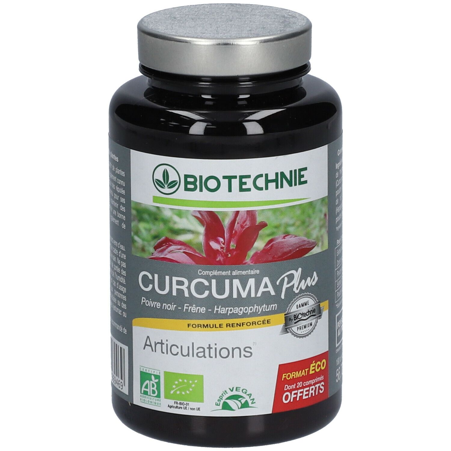 Flacon noir de compléments alimentaires. Inscription: Biotechnie, Curcuma Plus Articulations. Logos bio et vegan.