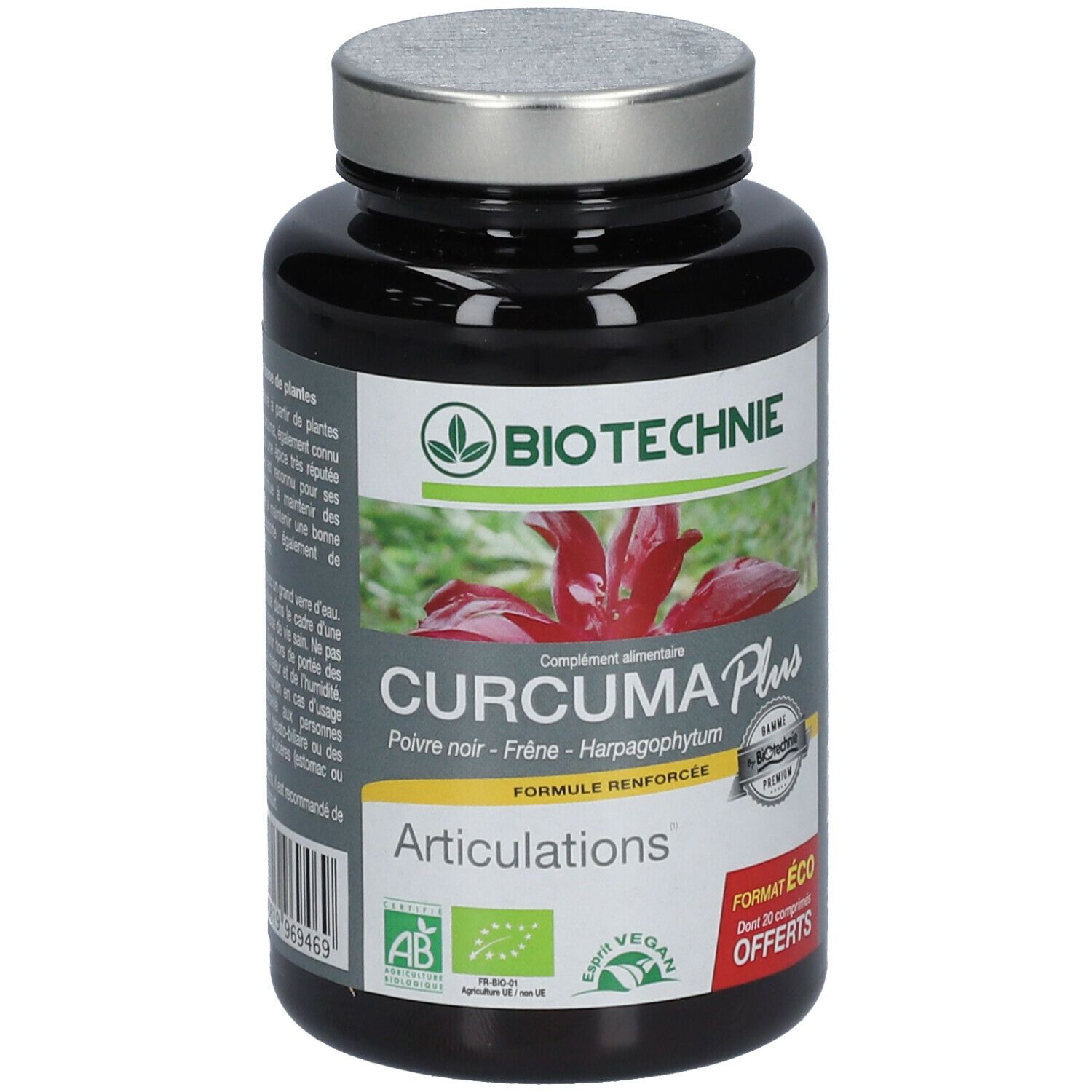 Flacon noir de compléments alimentaires. Inscription: Biotechnie, Curcuma Plus Articulations. Logos bio et vegan.