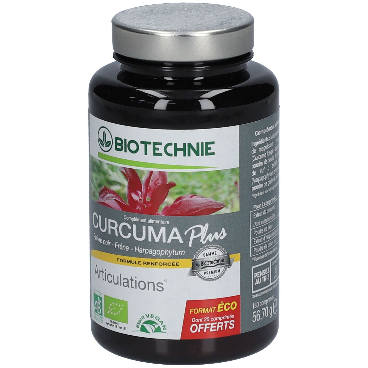 Flacon noir de compléments alimentaires. Inscription: Biotechnie, Curcuma Plus Articulations. Logos bio et vegan.
