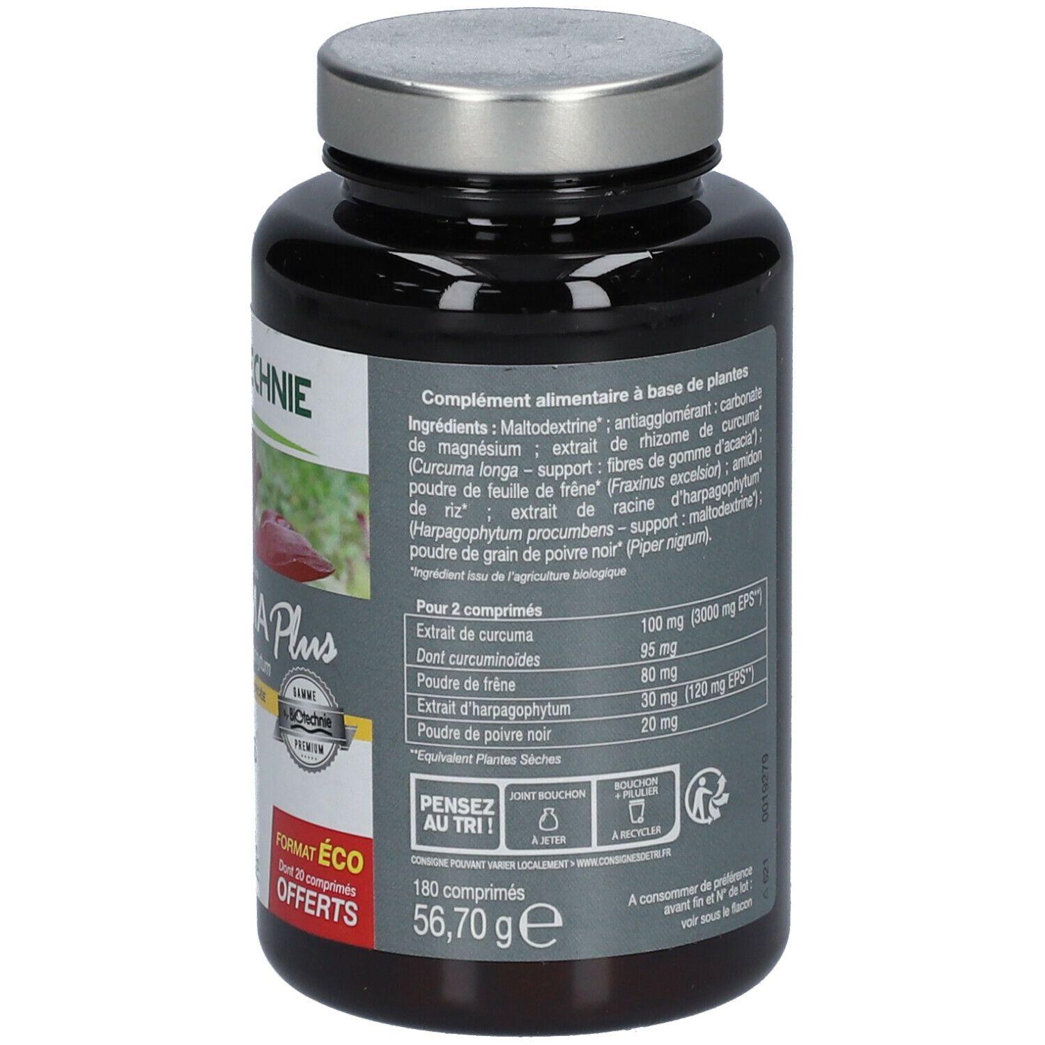 Dos du flacon noir. Liste des ingrédients et valeurs nutritionnelles. Texte et logos.