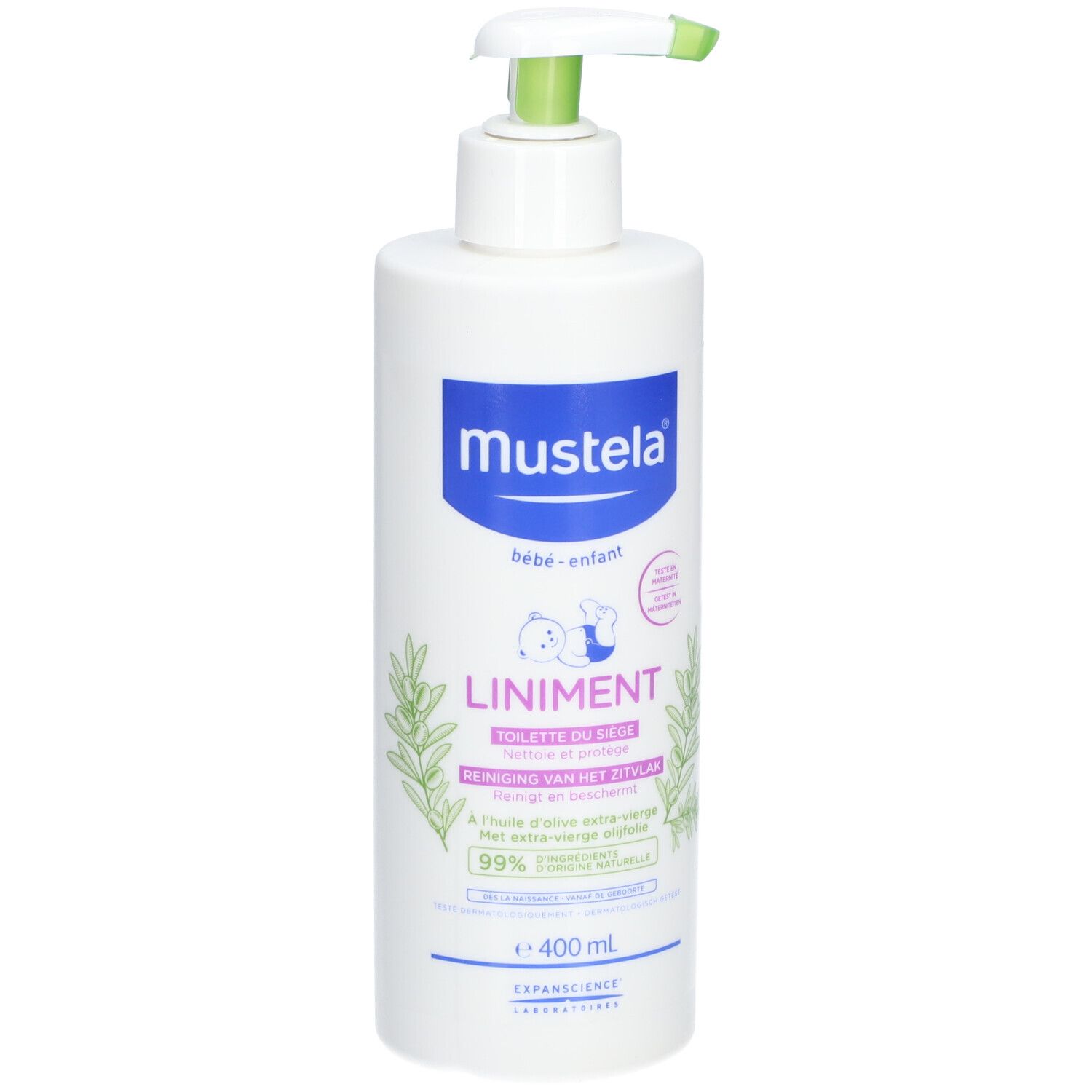 Weiße Flasche mit Pumpe. Aufschrift Mustela, Liniment, 400 ml. Grün-weiße Pumpe. Baby-Illustration.