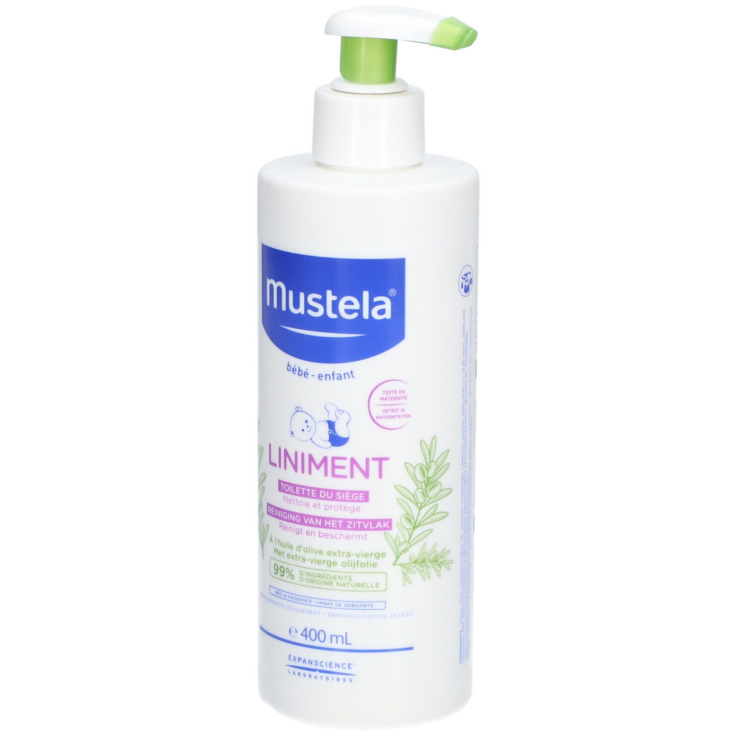 Weiße Flasche mit Pumpe. Aufschrift Mustela, Liniment, 400 ml. Grün-weiße Pumpe. Baby-Illustration.