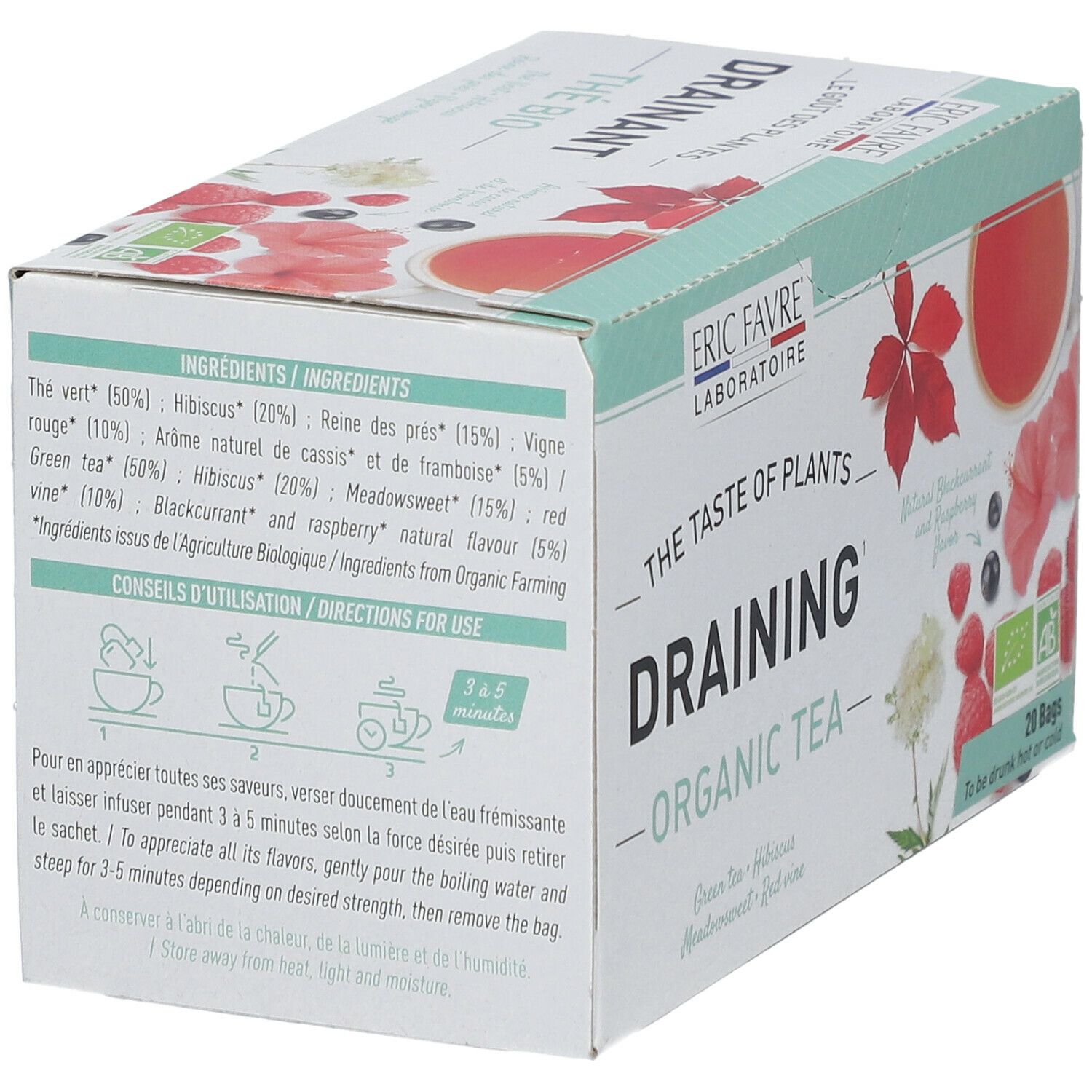 Boîte de thé bio drainant ERIC FAVRE®. Ingrédients et mode d'emploi. 20 sachets.