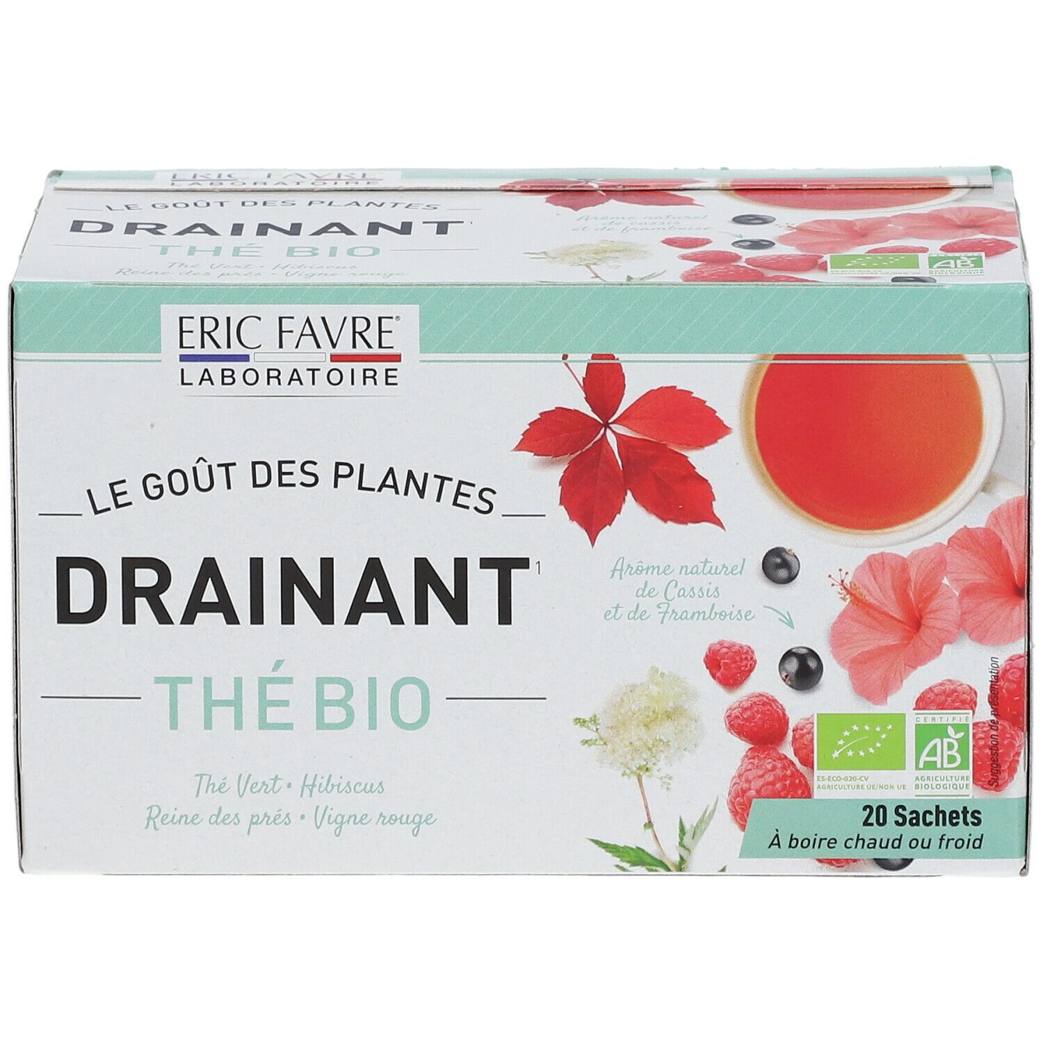 Boîte de thé bio drainant ERIC FAVRE®. Nom du produit, illustrations et logo. 20 sachets.
