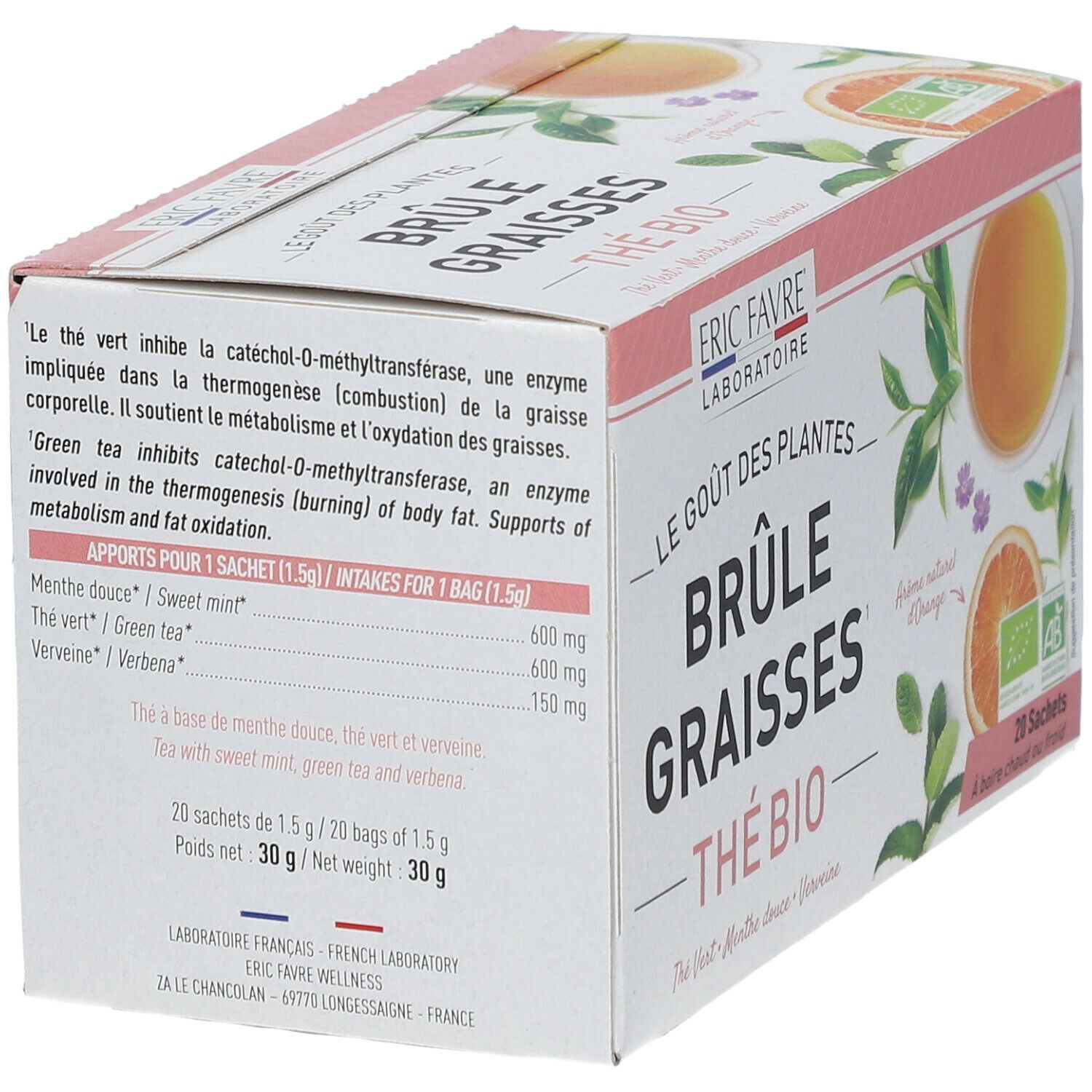 Boîte de thé ERIC FAVRE® Brûle Graisses Bio. Contient 20 sachets. Certification AB. Texte: Thé Bio, Thé Vert, Menthe douce, Verveine. Ingrédients.