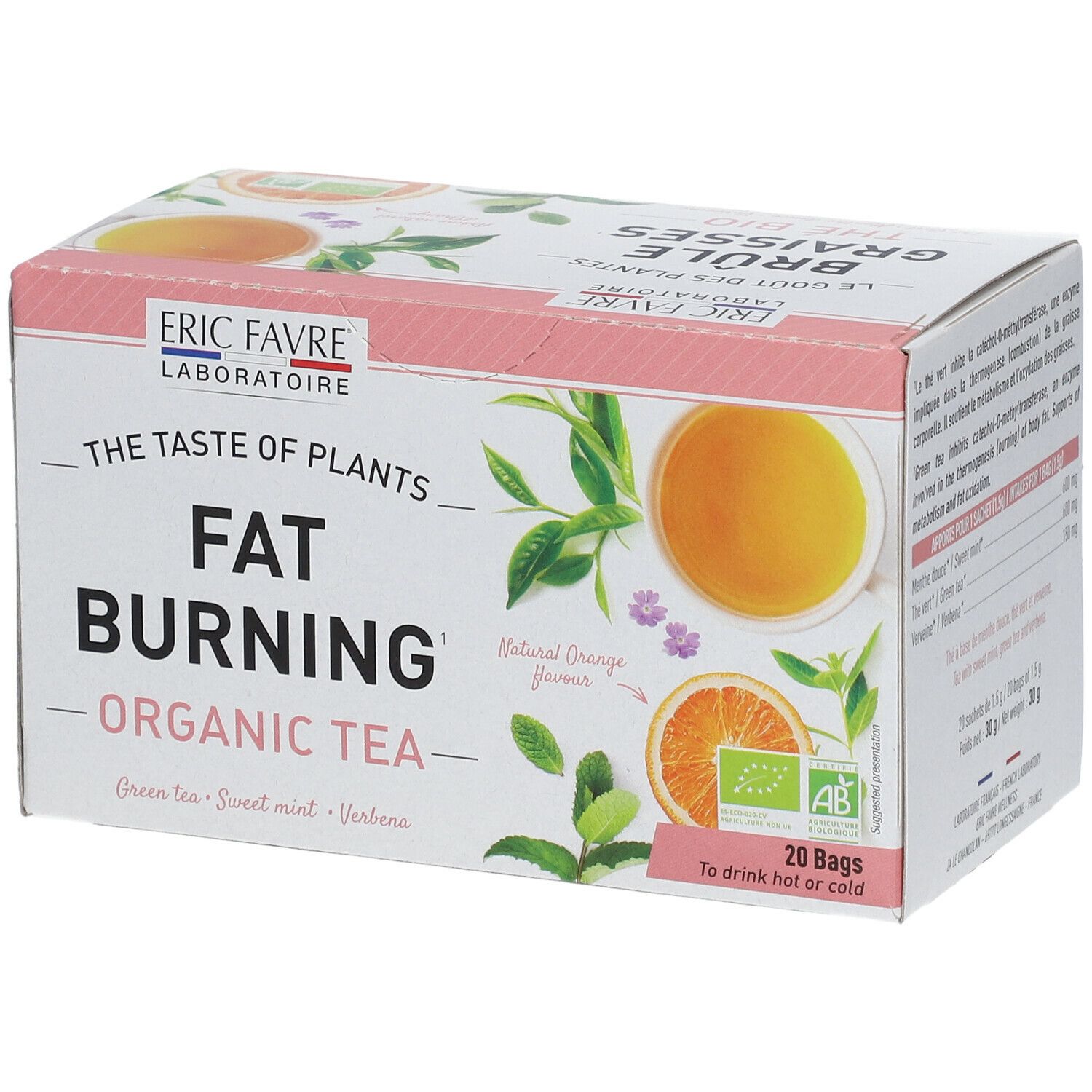 Boîte de thé ERIC FAVRE® Organic Tea. Contient 20 sachets. Certification AB. Inscription: Fat Burning, Organic Tea, Green Tea, Sweet mint, Verbena.