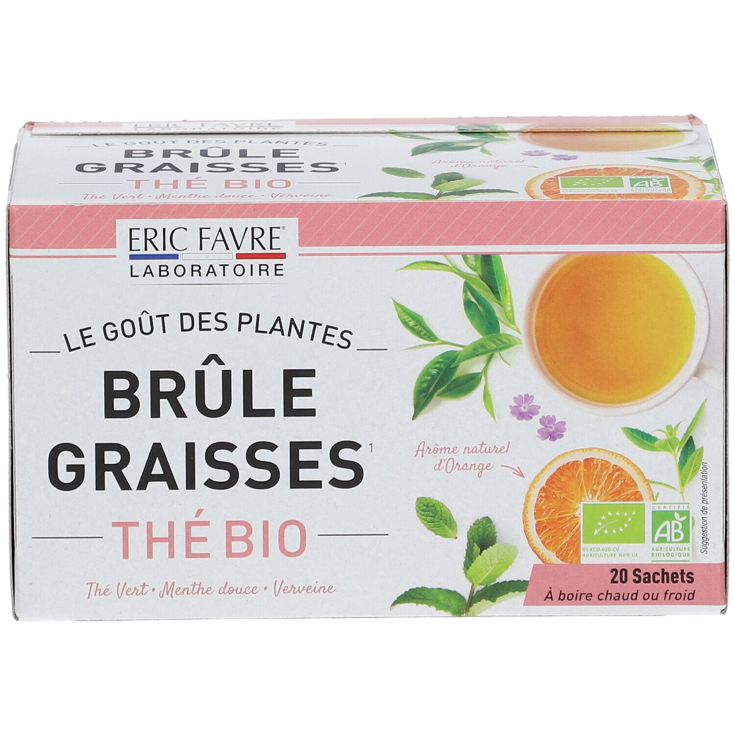 Boîte de thé ERIC FAVRE® Brûle Graisses Bio. Contient 20 sachets. Certification AB. Inscription: Thé Bio, Thé Vert, Menthe douce, Verveine.