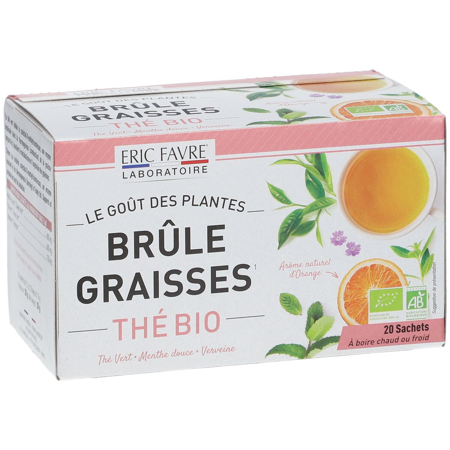Boîte de thé ERIC FAVRE® Brûle Graisses Bio. Contient 20 sachets. Certification AB. Inscription: Thé Bio, Thé Vert, Menthe douce, Verveine.