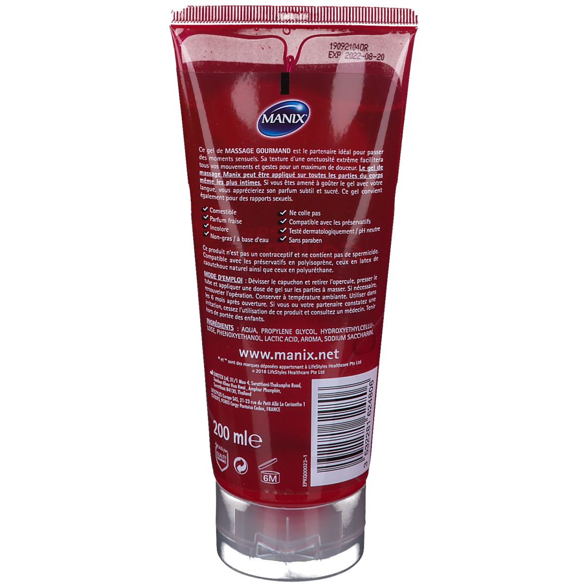 Dos du tube rouge. Texte: MANIX, www.manix.net, 200 ml. Bouchon transparent. Ingrédients et avertissements.