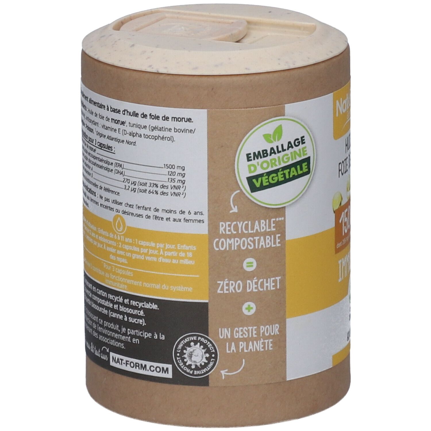 Dos de la boîte. Texte: Emballage d'origine végétale, Recyclable, Compostable, Zéro déchet. Liste des ingrédients, informations nutritionnelles.