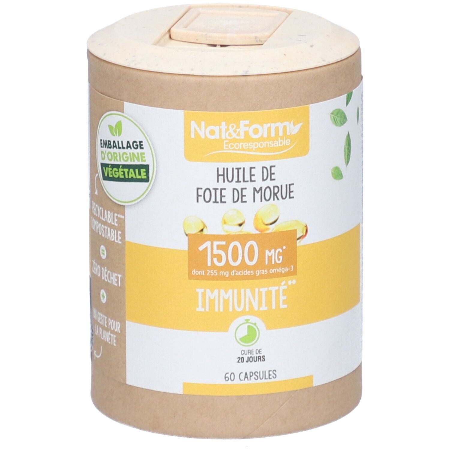 Boîte cylindrique de capsules. Inscription: Huile de foie de morue, 1500 mg, Immunité. 60 capsules. Couvercle avec fermeture.