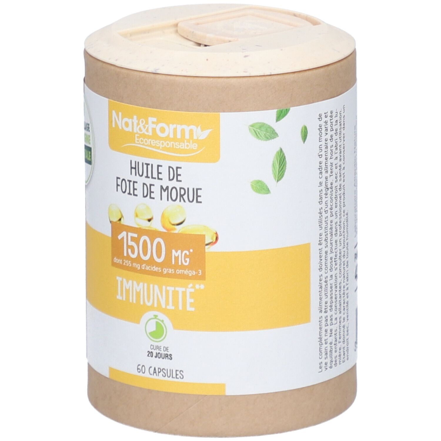 Boîte cylindrique de capsules. Inscription: Huile de foie de morue, 1500 mg, Immunité. 60 capsules. Couvercle avec fermeture.