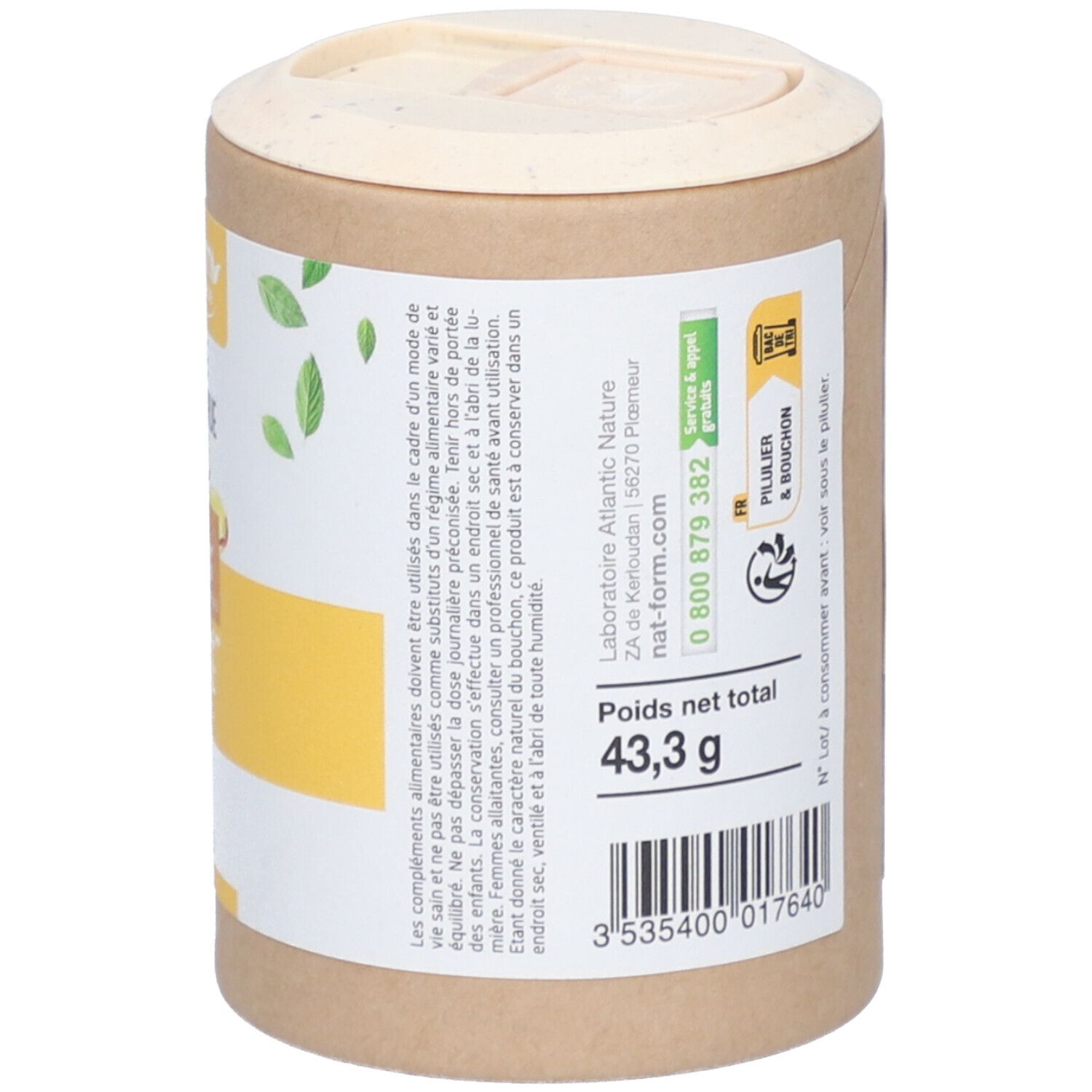 Dos de la boîte. Texte: Ingrédients, informations nutritionnelles, conseils d'utilisation. Coordonnées et logo.