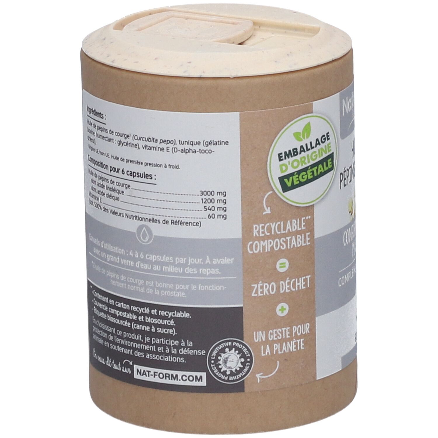 Zylinderdose mit Inhaltsangaben und Nährwerttabelle. Aufschrift: Huile de pépins de courge. Ökologisches Verpackungssiegel. Recycelbar, kompostierbar.