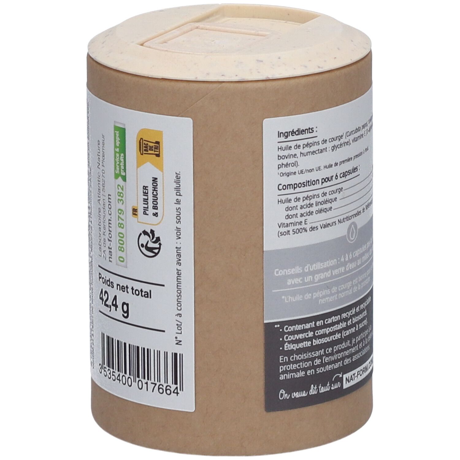 Zylinderdose mit Inhaltsangaben und Gewicht. Aufschrift: 42,4 g. Siegel: Pilier & Bouchon. Ökologisches Verpackungssiegel.