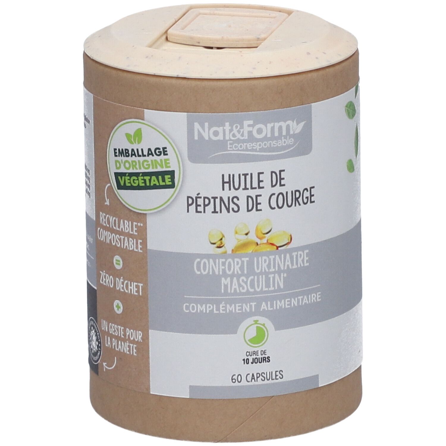 Zylinderdose mit Kapseln. Aufschrift: Huile de pépins de courge, Confort urinaire masculin, 60 Kapseln. Ökologisches Verpackungssiegel.