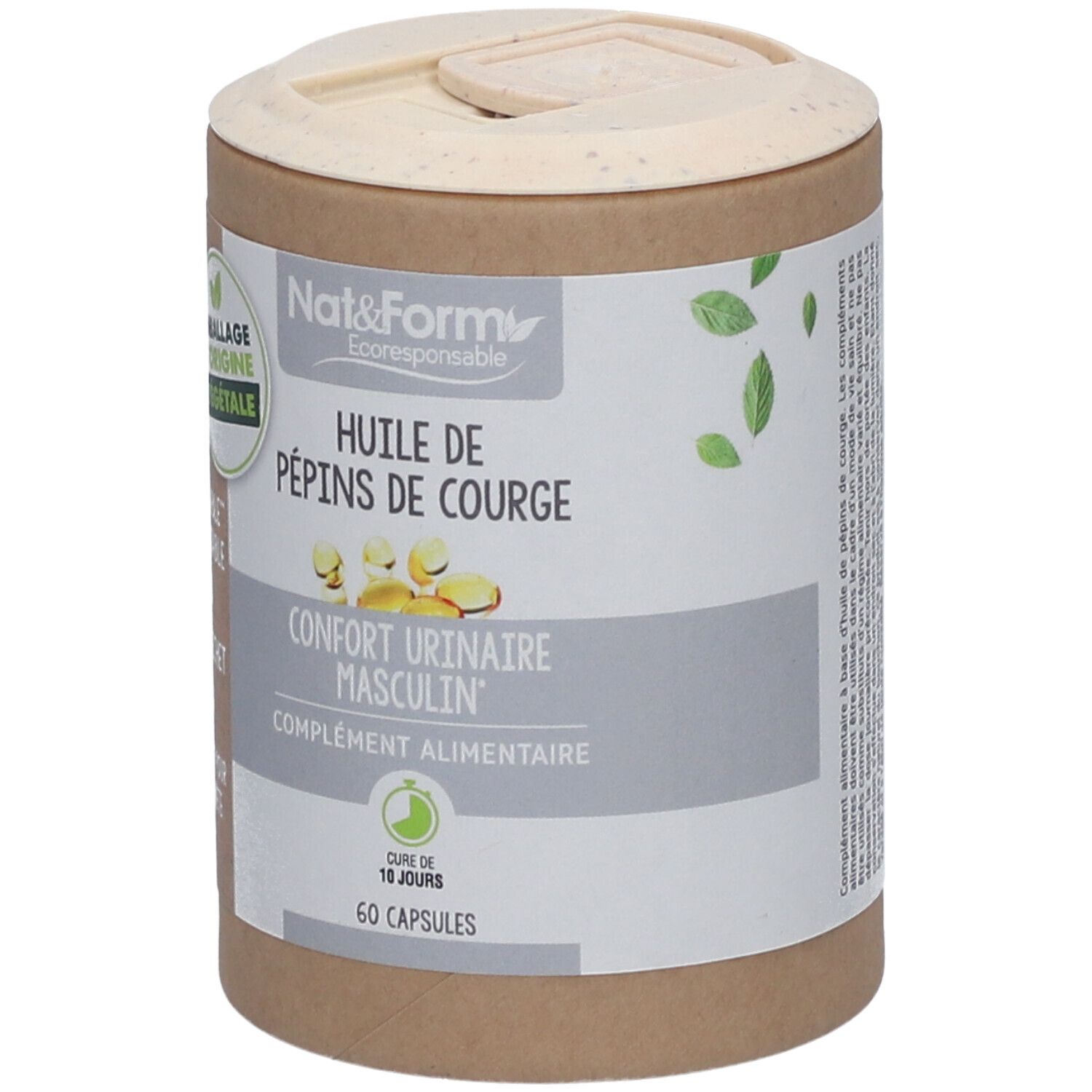Zylinderdose mit Kapseln. Aufschrift: Huile de pépins de courge, Confort urinaire masculin, 60 Kapseln. Ökologisches Verpackungssiegel.