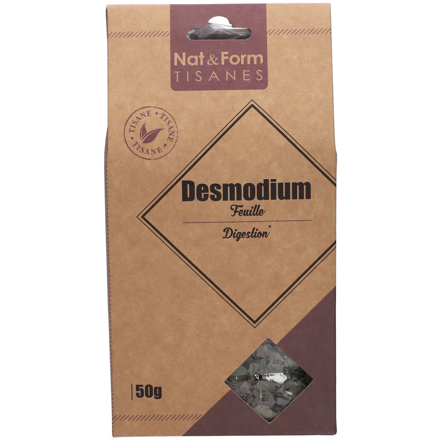 Boîte de tisane avec fenêtre. Inscription: Desmodium, Digestion. Marque: Nat&Form Tisanes. 50g.
