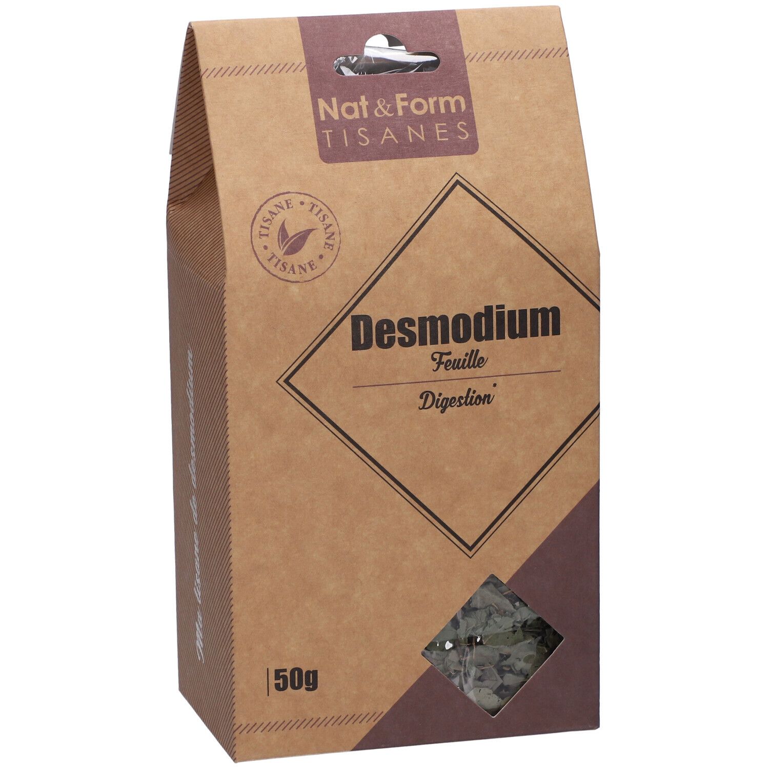 Boîte de tisane avec fenêtre. Inscription: Desmodium, Digestion. Marque: Nat&Form Tisanes. 50g.