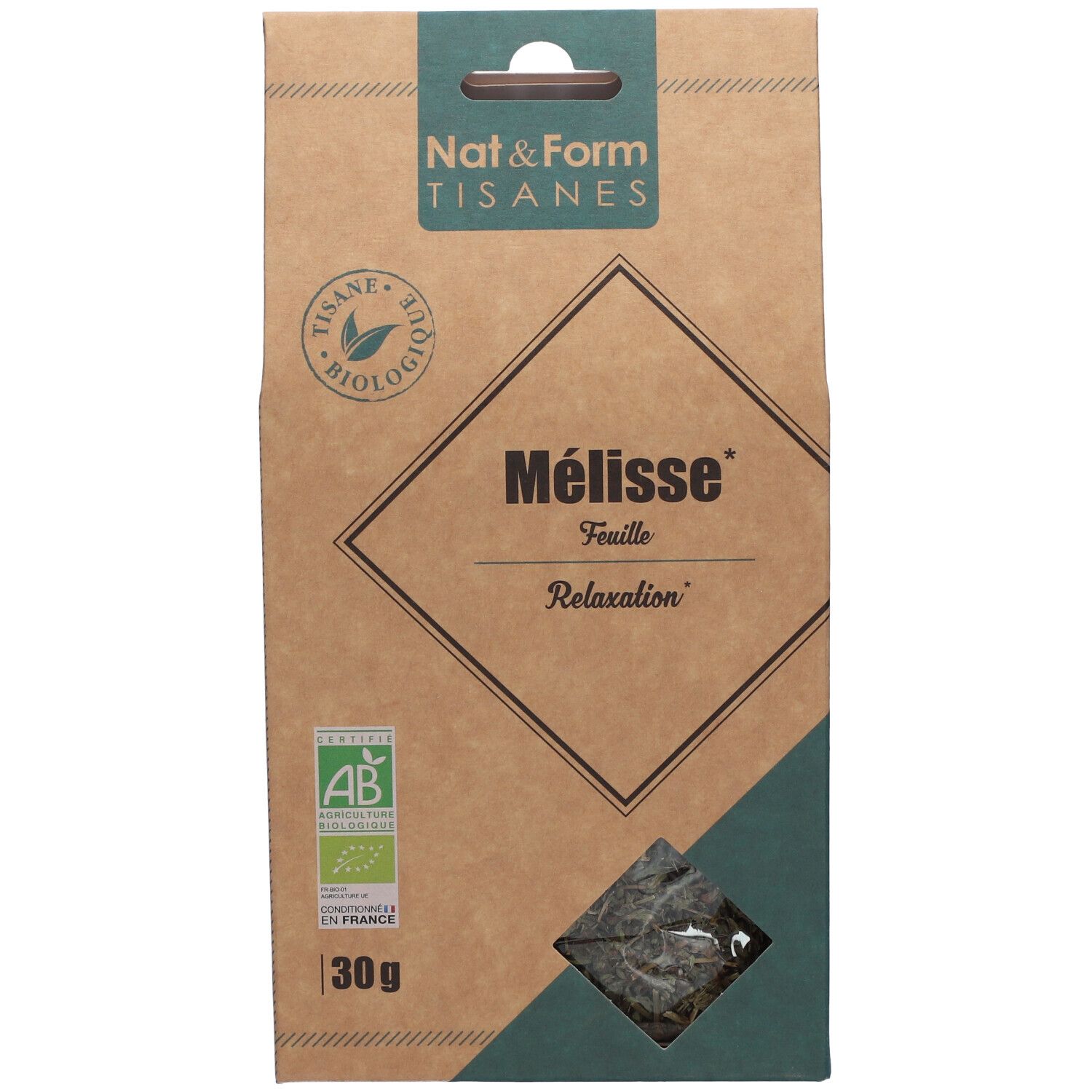 Emballage marron avec accent vert. Inscription: Mélisse, feuille, Relaxation. Label bio. Fenêtre avec herbes. 30g.
