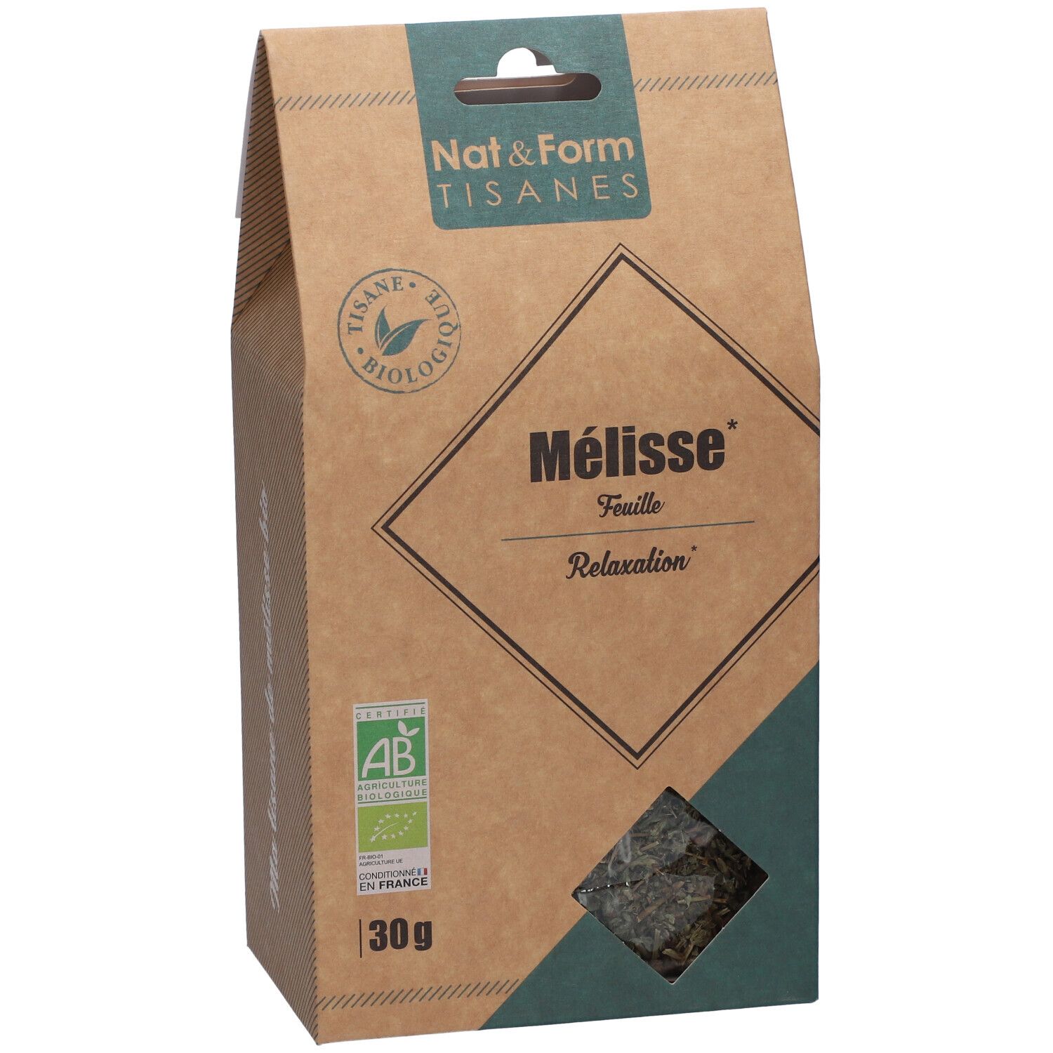 Emballage marron avec accent vert. Inscription: Mélisse, feuille, Relaxation. Label bio. Fenêtre avec herbes. 30g.