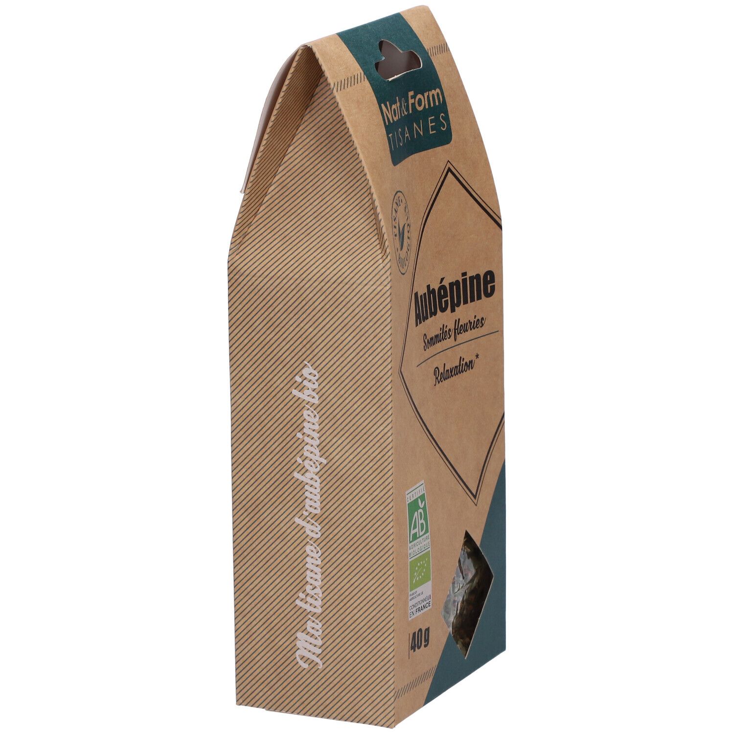 Sachet en carton marron. Marque Nat&Form. Label AB bio. Inscription: Ma tisane d'aubépine bio.