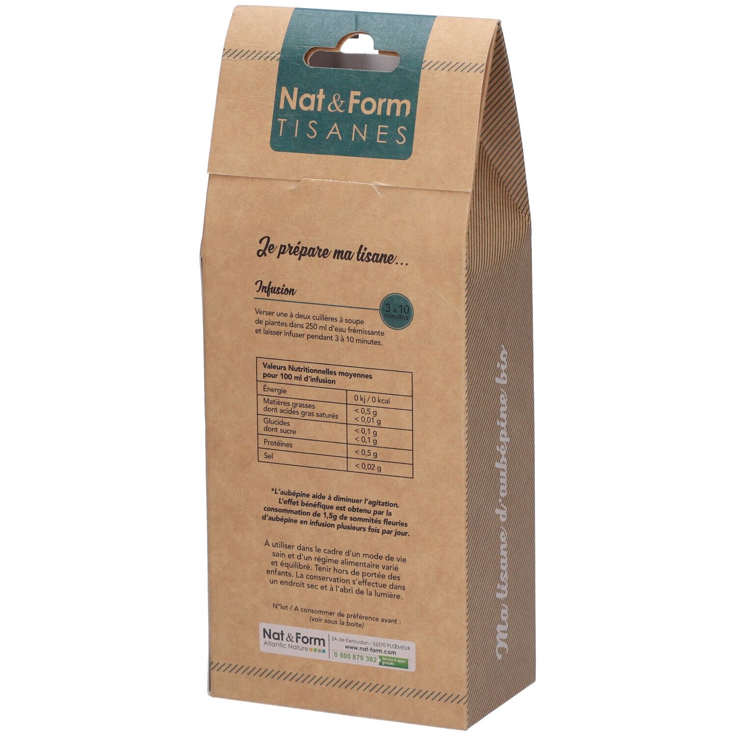 Dos du sachet. Informations nutritionnelles et préparation. Marque Nat&Form. Texte: Je prépare ma tisane...