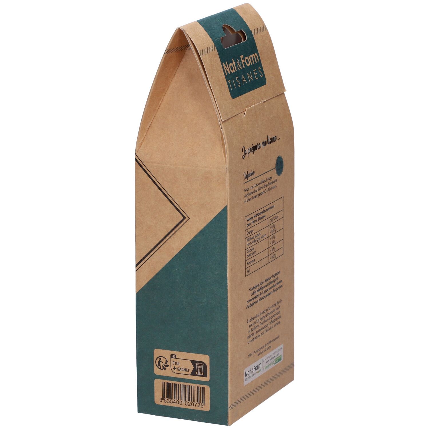 Sachet Aubépine. Marque Nat&Form. Texte: Je prépare ma tisane... Avec symboles de recyclage.