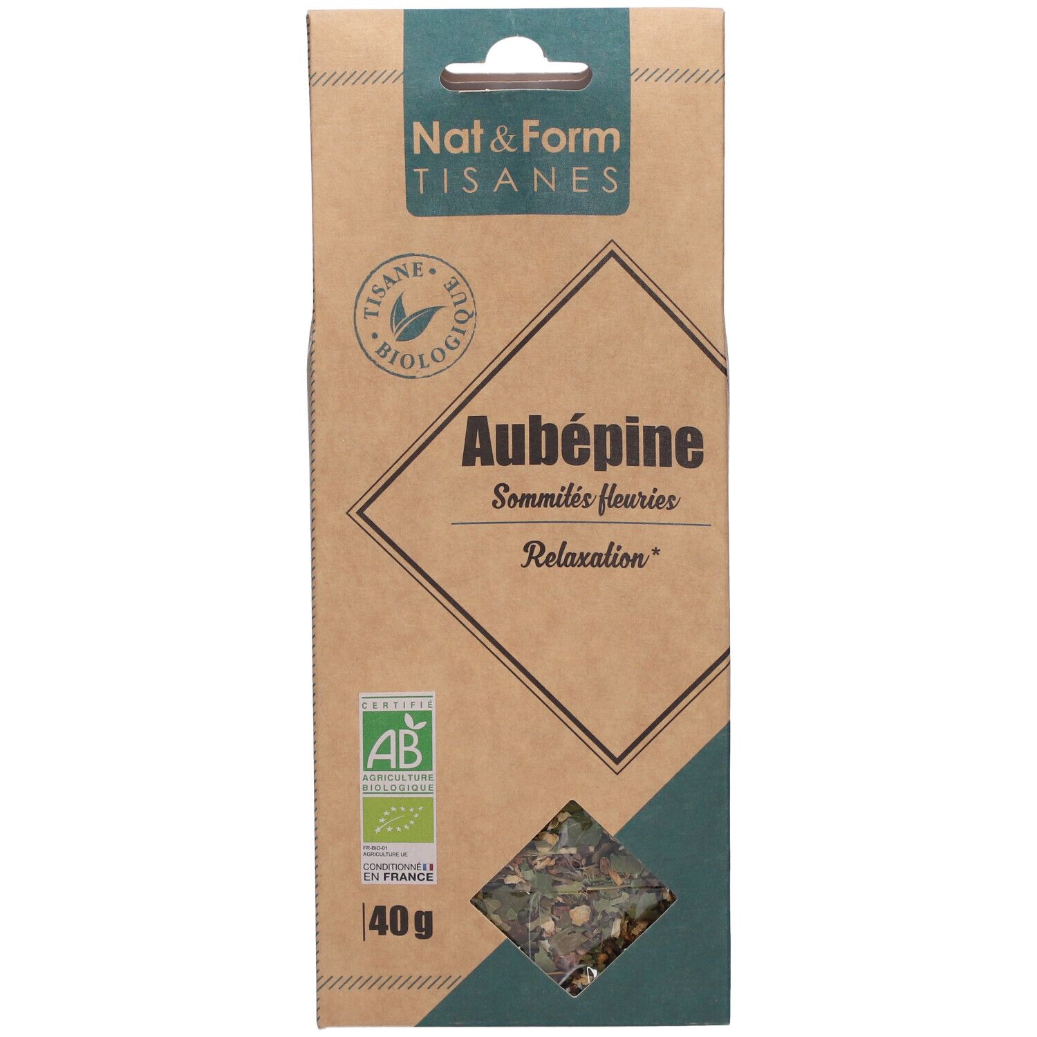 Sachet marron Aubépine. Marque Nat&Form. Label AB bio. 40g. Texte: Aubépine, Sommités fleuries, Relaxation.