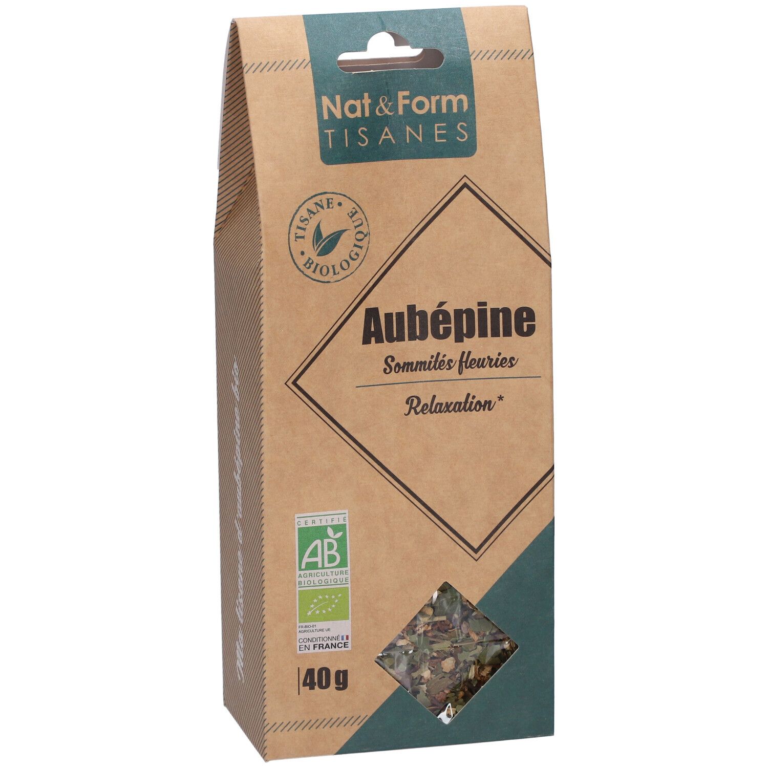 Sachet marron Aubépine. Marque Nat&Form. Label AB bio. 40g. Fenêtre avec plantes.