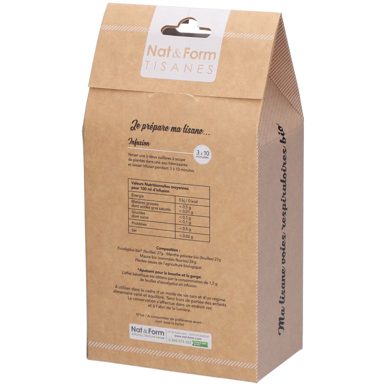 Achterkant van de kartonnen verpakking. Tekst: voedingswaarde, ingrediënten, instructies. Opschrift: "Ma tisane voies respiratoires bio".