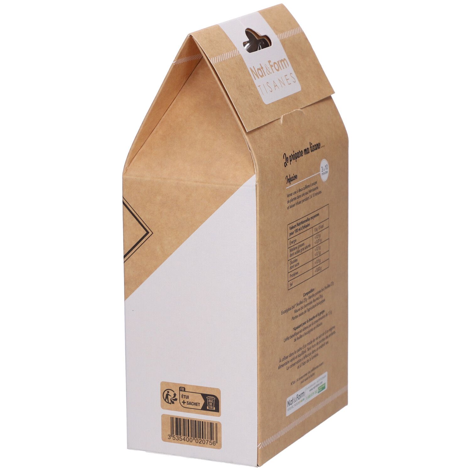 Kartonnen verpakking, schuin. Opschrift: voedingswaarde, recyclagesymbool, barcode. Gedeeltelijk wit.