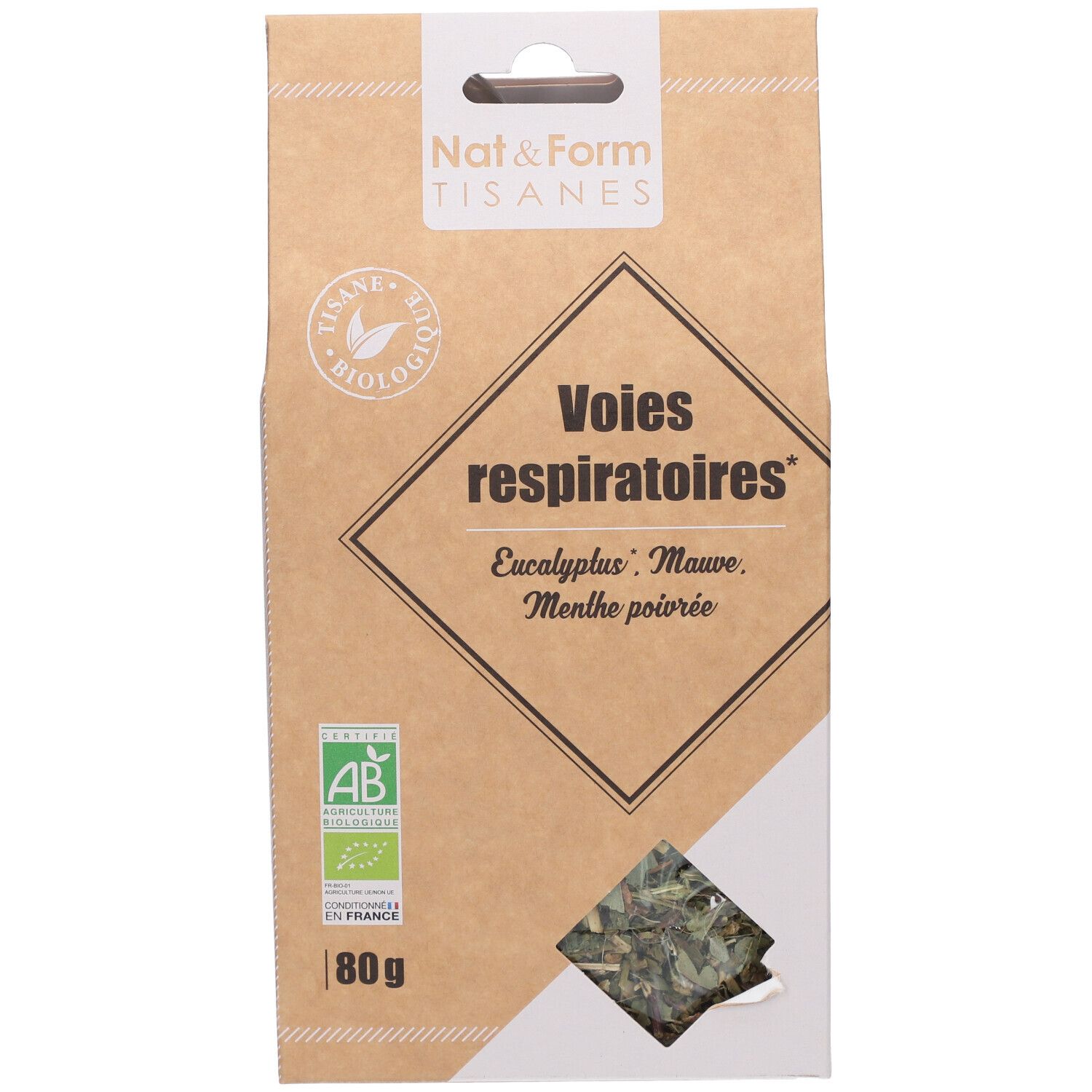 Bruine kartonnen verpakking met venster. Opschrift: "Voies respiratoires", AB bio-label, 80g. Kruidenmengsel zichtbaar.