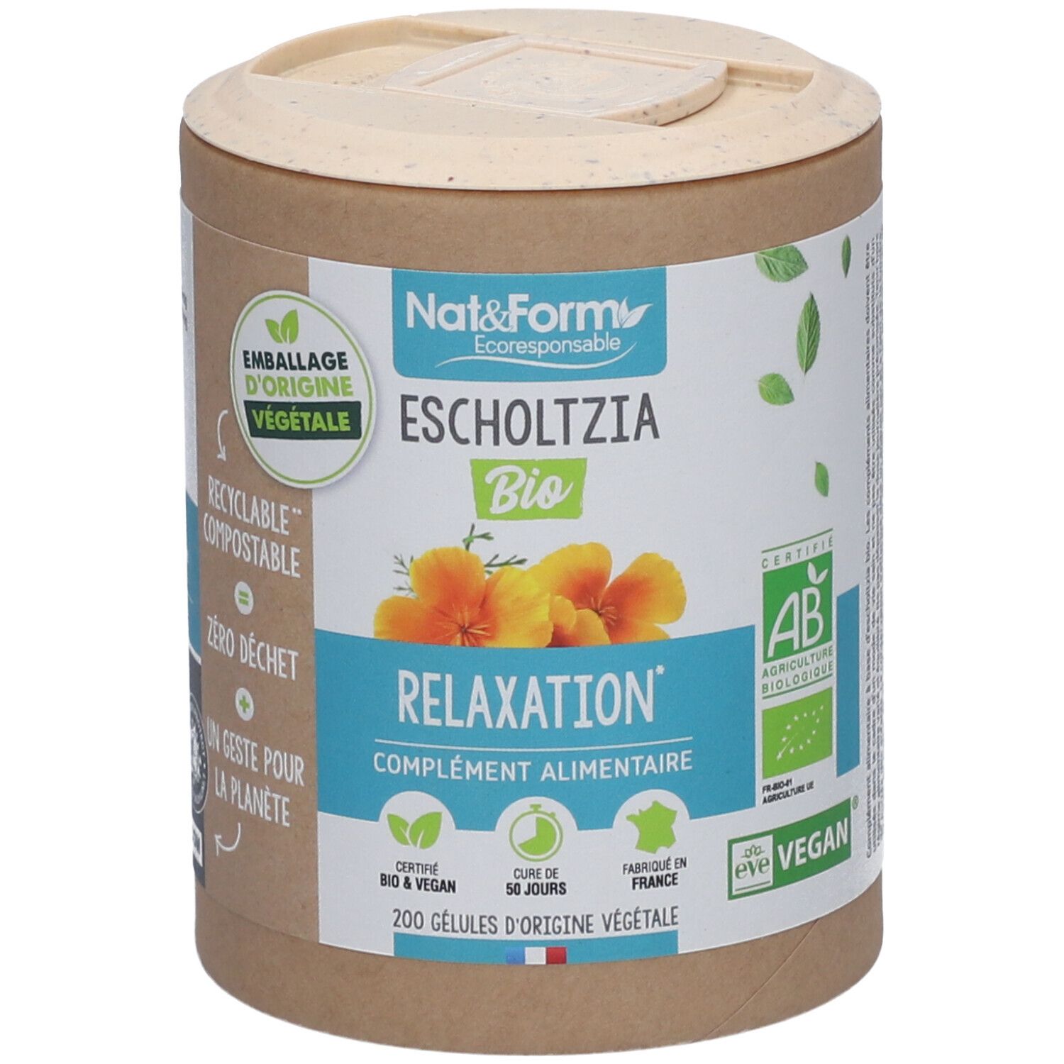 Boîte cylindrique avec couvercle. Inscription : Nat&Form Escholtzia Bio, Relaxation, complément alimentaire. Certifications : AB, Vegan.